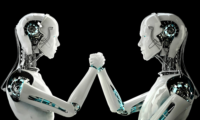 Two robots handshake